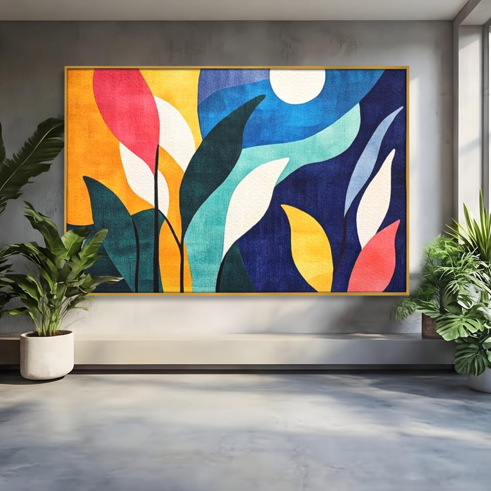 Tablou canvas cu tablou canvas cu frunze stilizate si luna, in rama de aluminiu auriu